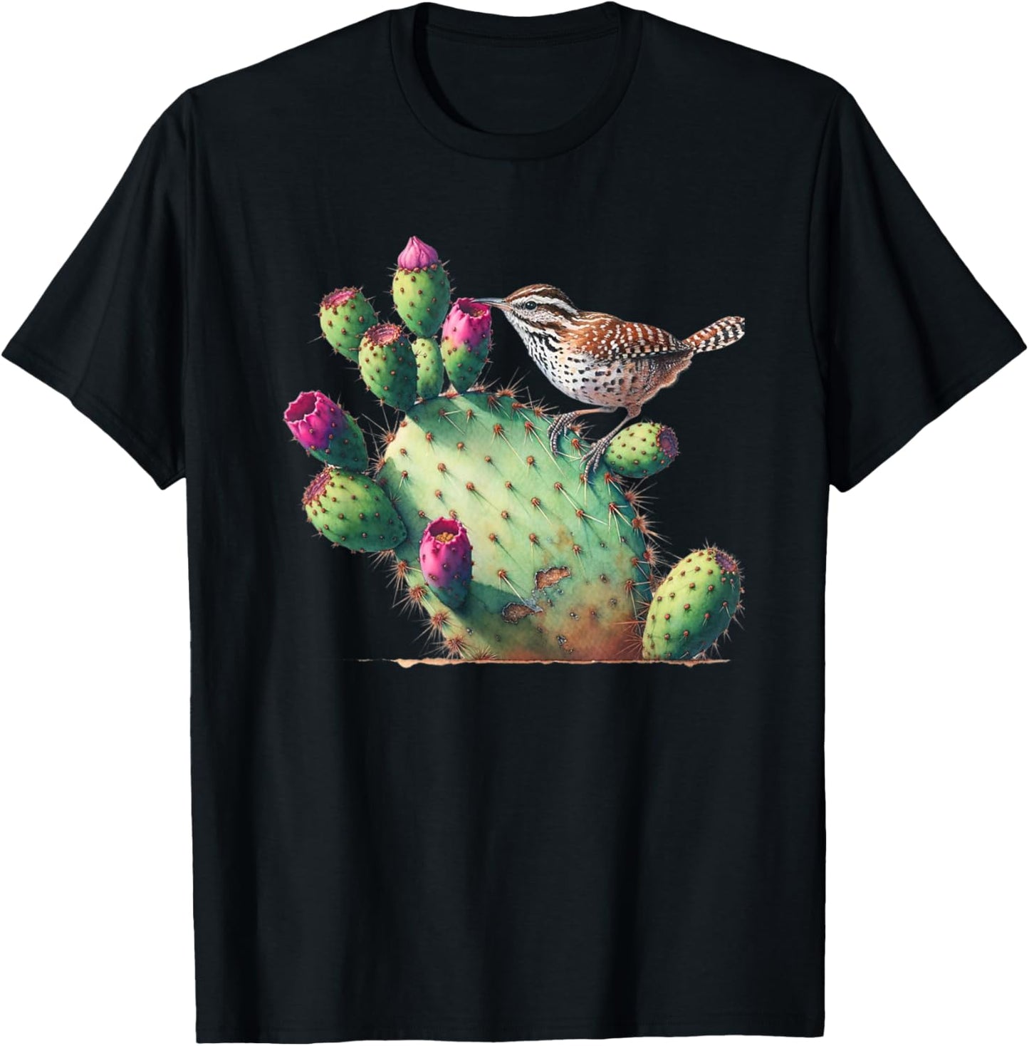 Cactus Wren & Prickly Pear Watercolor Art , Small, Black T-Shirt - T-Shirt | Black