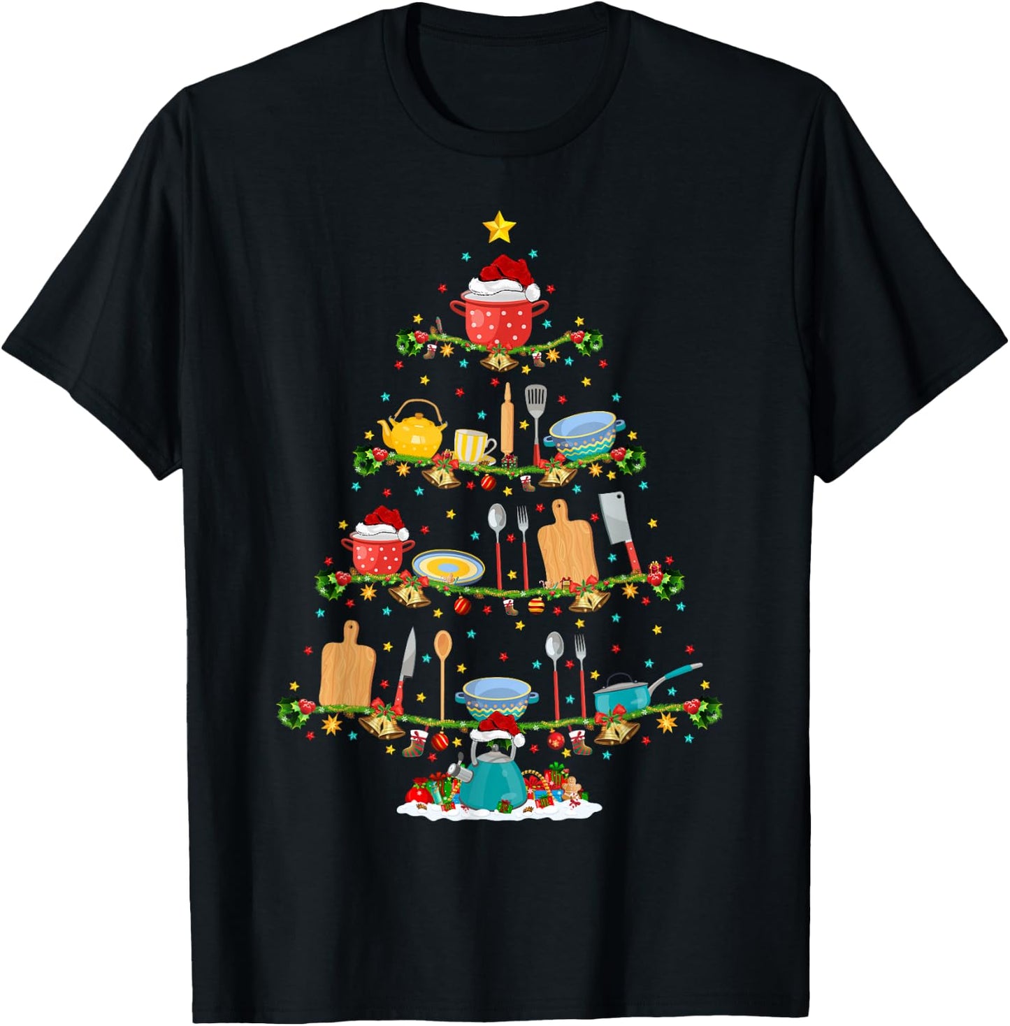 Cooking Lover Lights Xmas Santa Cooking Christmas Tree T-Shirt - T-Shirt | Black