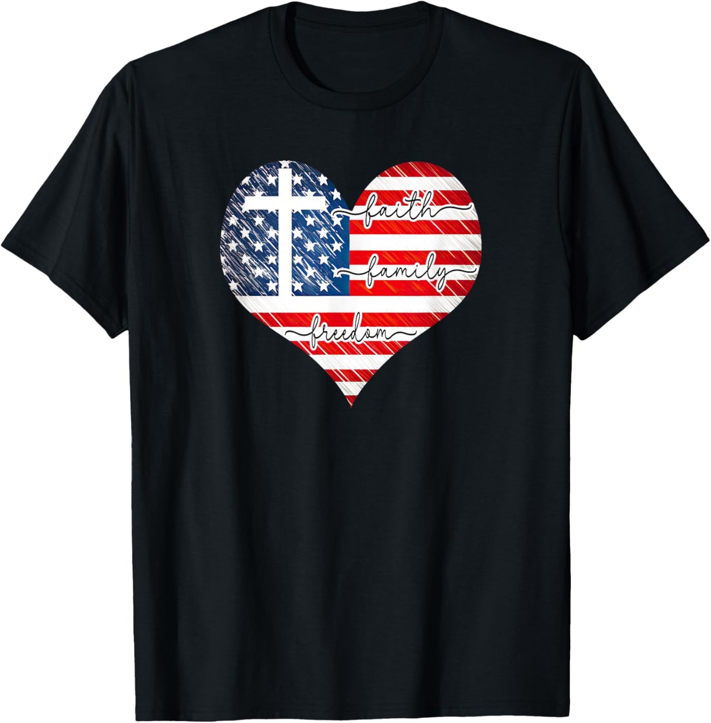 Faith Family Freedom Heart - 4th of July Patriotic Flag T-Shirt - T-Shirt | Black