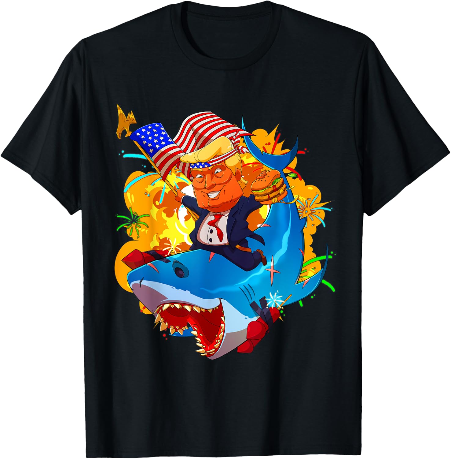 Trump Shark Patriotic Unique 4th of July American Flag T-Shirt - T-Shirt | Black
