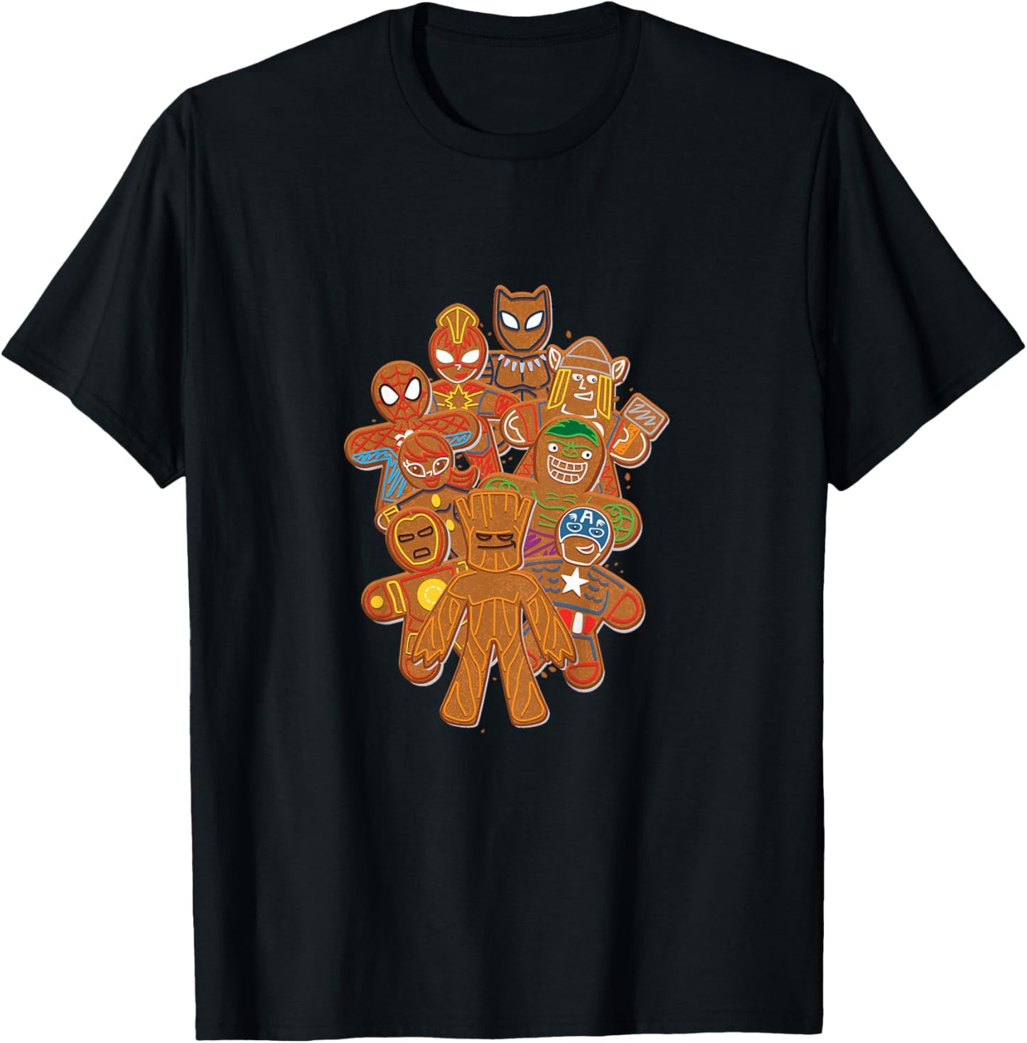 Kids Marvel Avengers Christmas Super Hero Gingerbread Cookies T-Shirt - T-Shirt | Black
