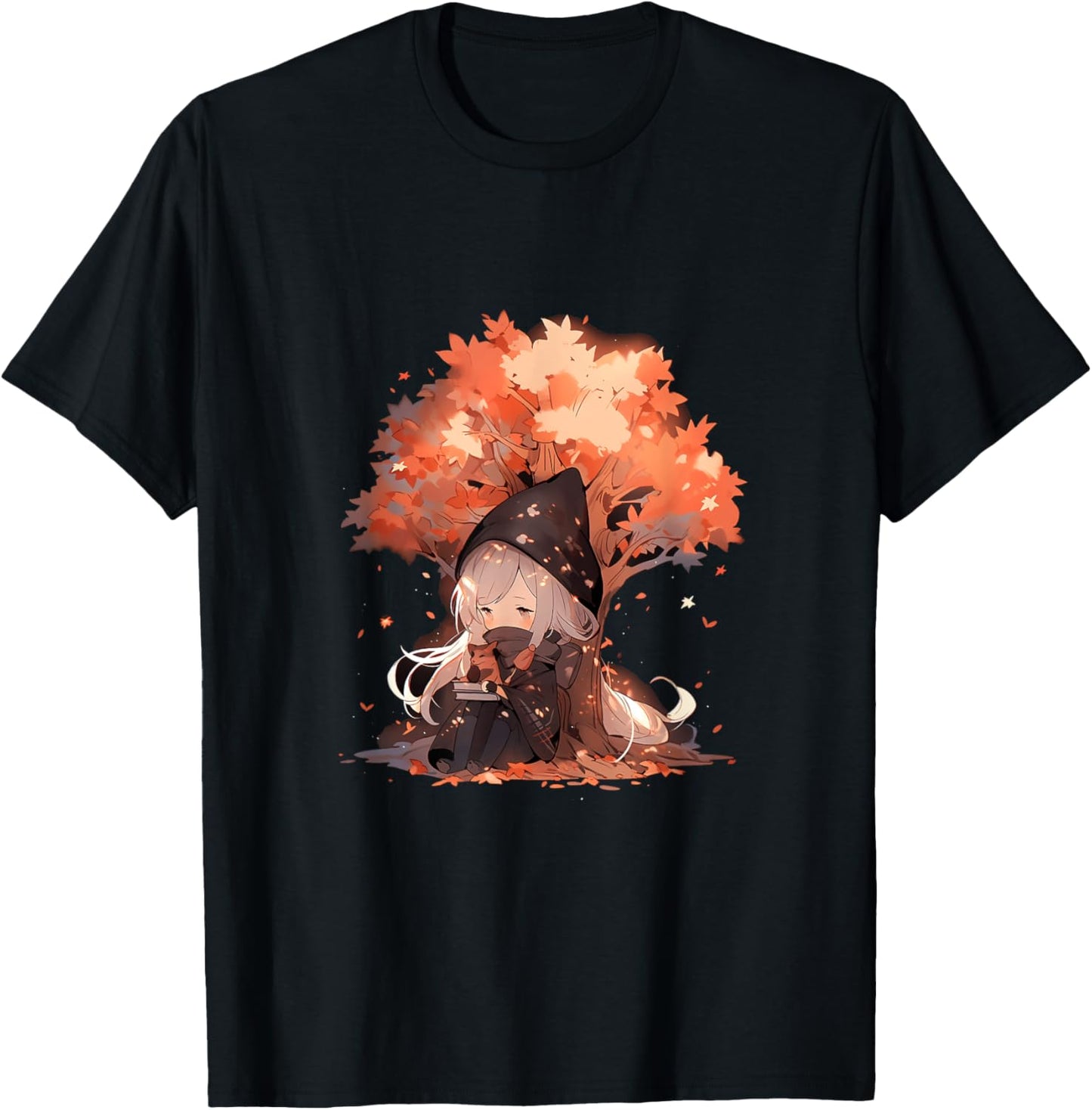 Chibi Girls Autumn Leaves Anime Kawaii Thanksgiving T-Shirt - T-Shirt | Black