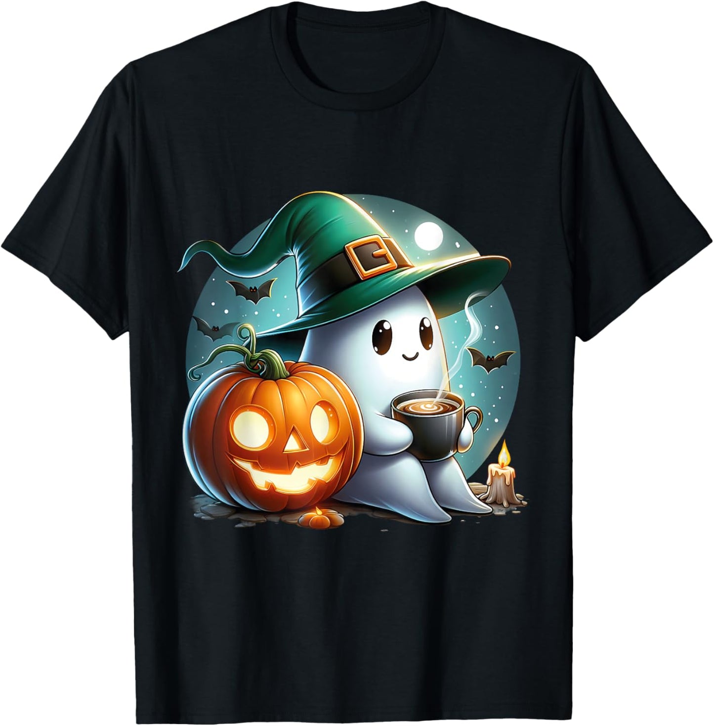 Cute Halloween Ghost Coffee Pumpkin T-Shirt - T-Shirt | Black
