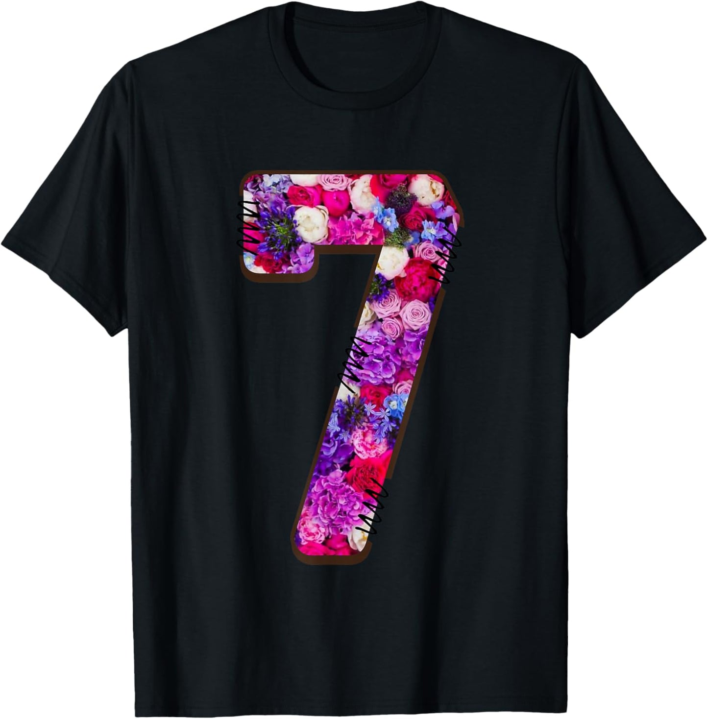 Seven Blossoms Floral Number Seven T-Shirt - T-Shirt | Black