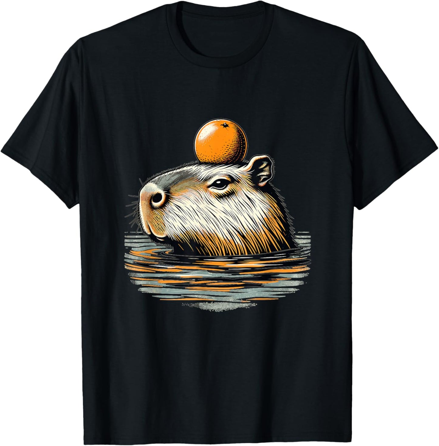Vintage Capybara with Orange on the Head T-Shirt - T-Shirt | Black