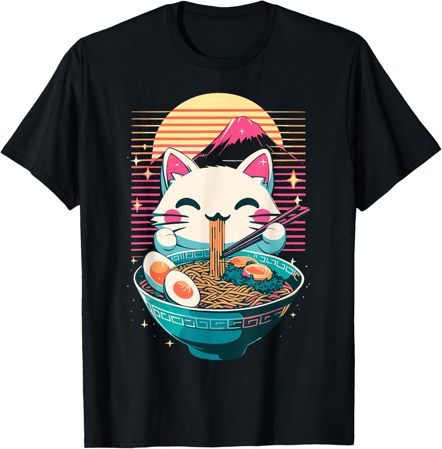 Anime Cat Eating Ramen Japanese Ramen Cat Japan T-Shirt - T-Shirt | Black