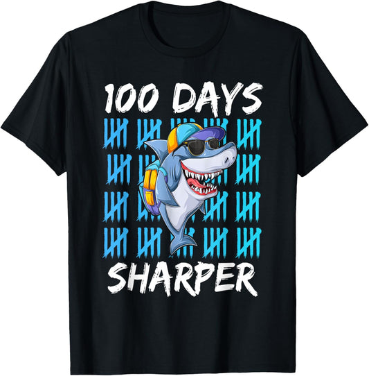 100 Days Sharper Shirt Funny 100 Days Of School Shark Lovers T-Shirt - T-Shirt | Black