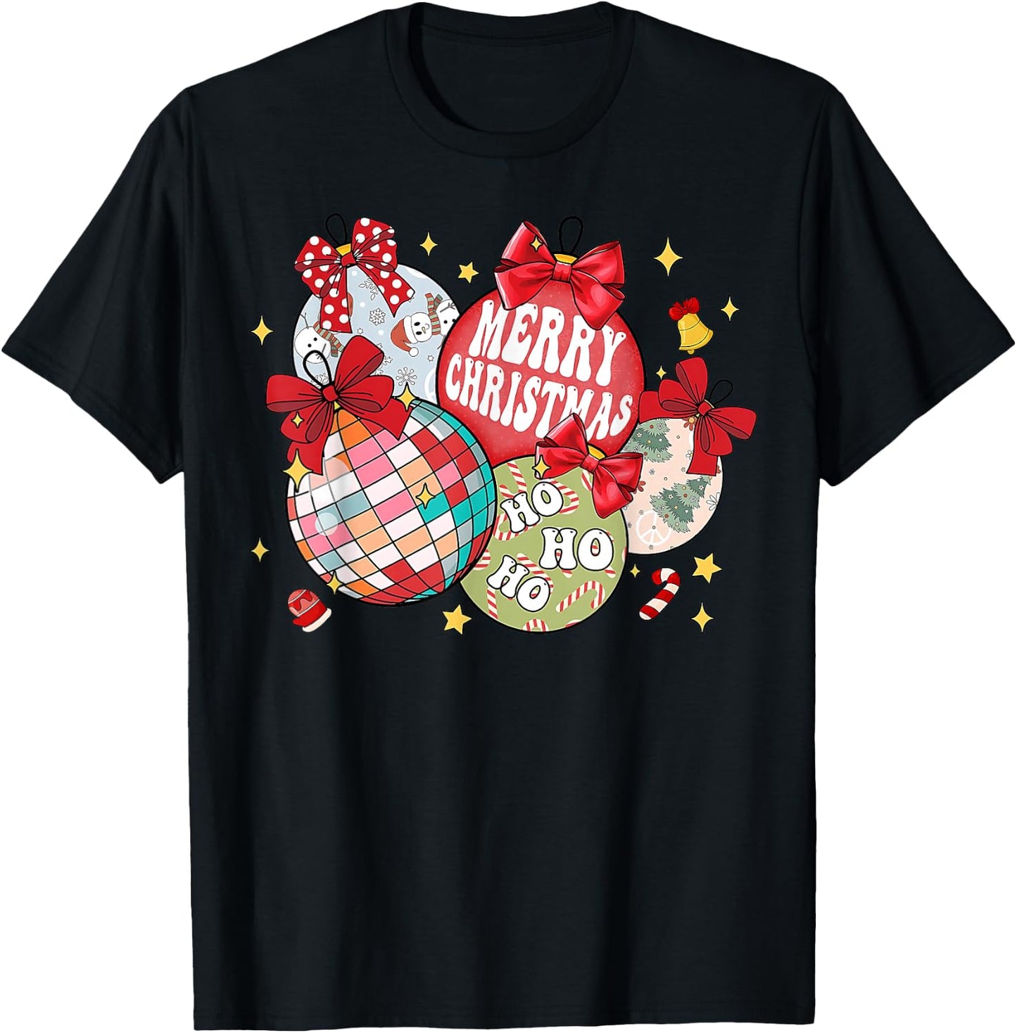 Merry Christmas Ornaments Disco Ball Coquette Bow Xmas Tree T-Shirt - T-Shirt | Black