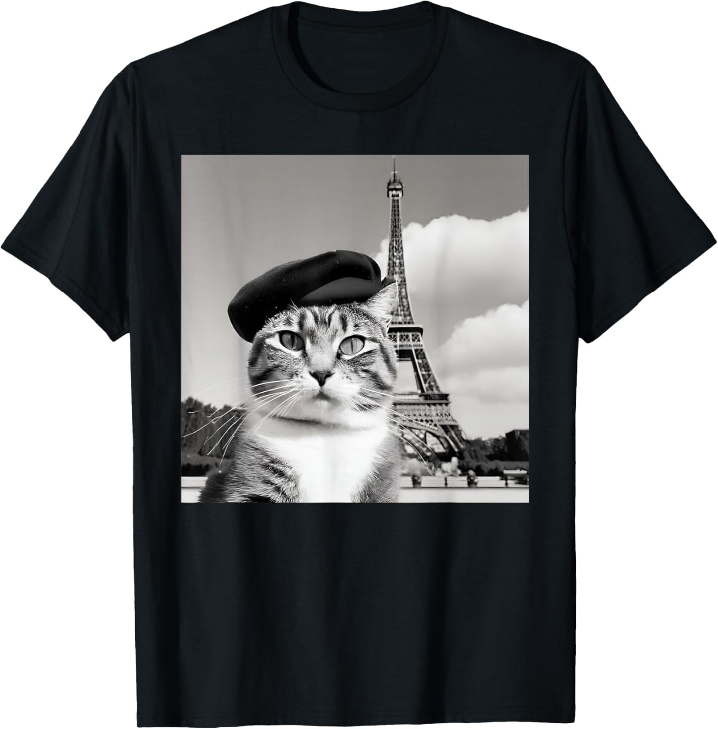 Funny Cat Wearing a Beret at The Eiffel Tower in France T-Shirt - T-Shirt | Black