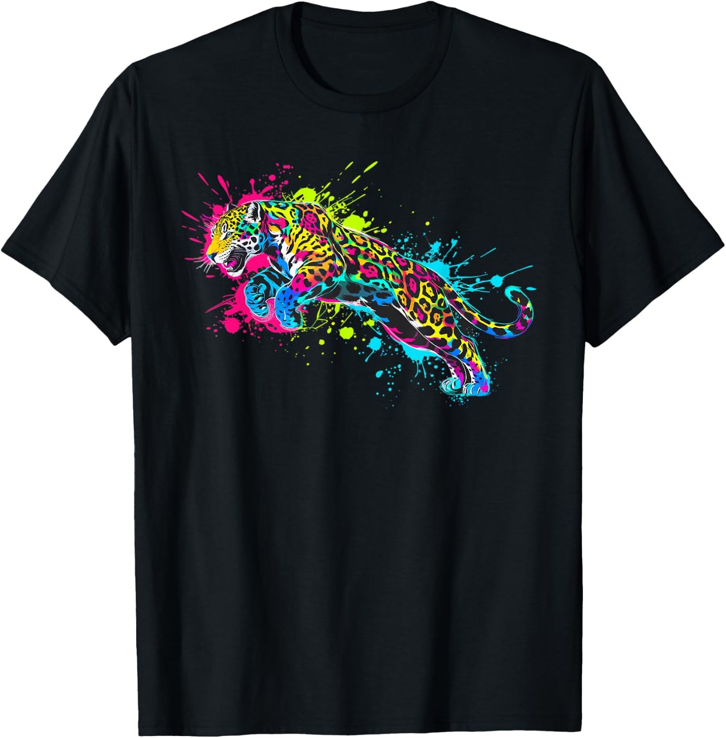 Wild Animal Jaguar with Neon Colors Jungle T-Shirt - T-Shirt | Black