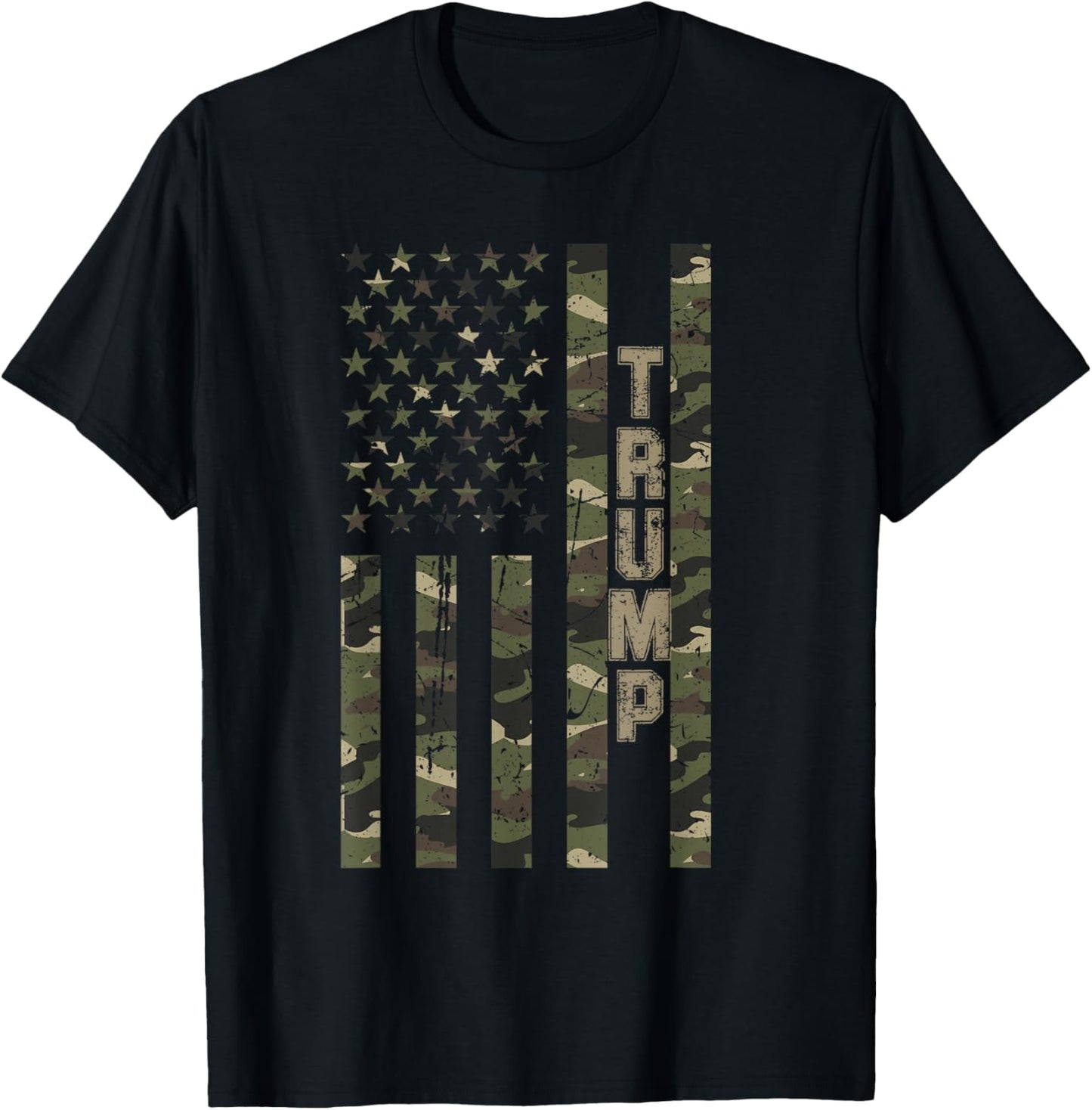 Trump United States Distressed Camo w US Flag T-Shirt - T-Shirt | Black