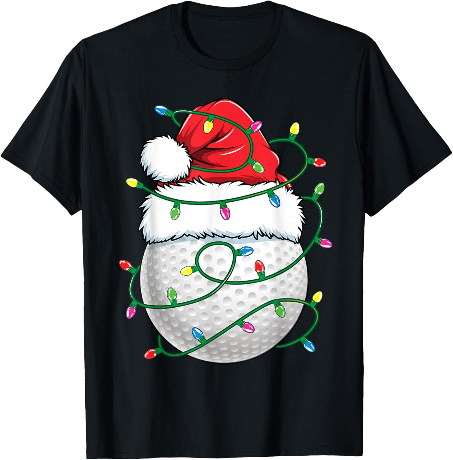 Golf Ball Santa Hat Men Christmas Golfing Xmas Lights T-Shirt - T-Shirt | Black
