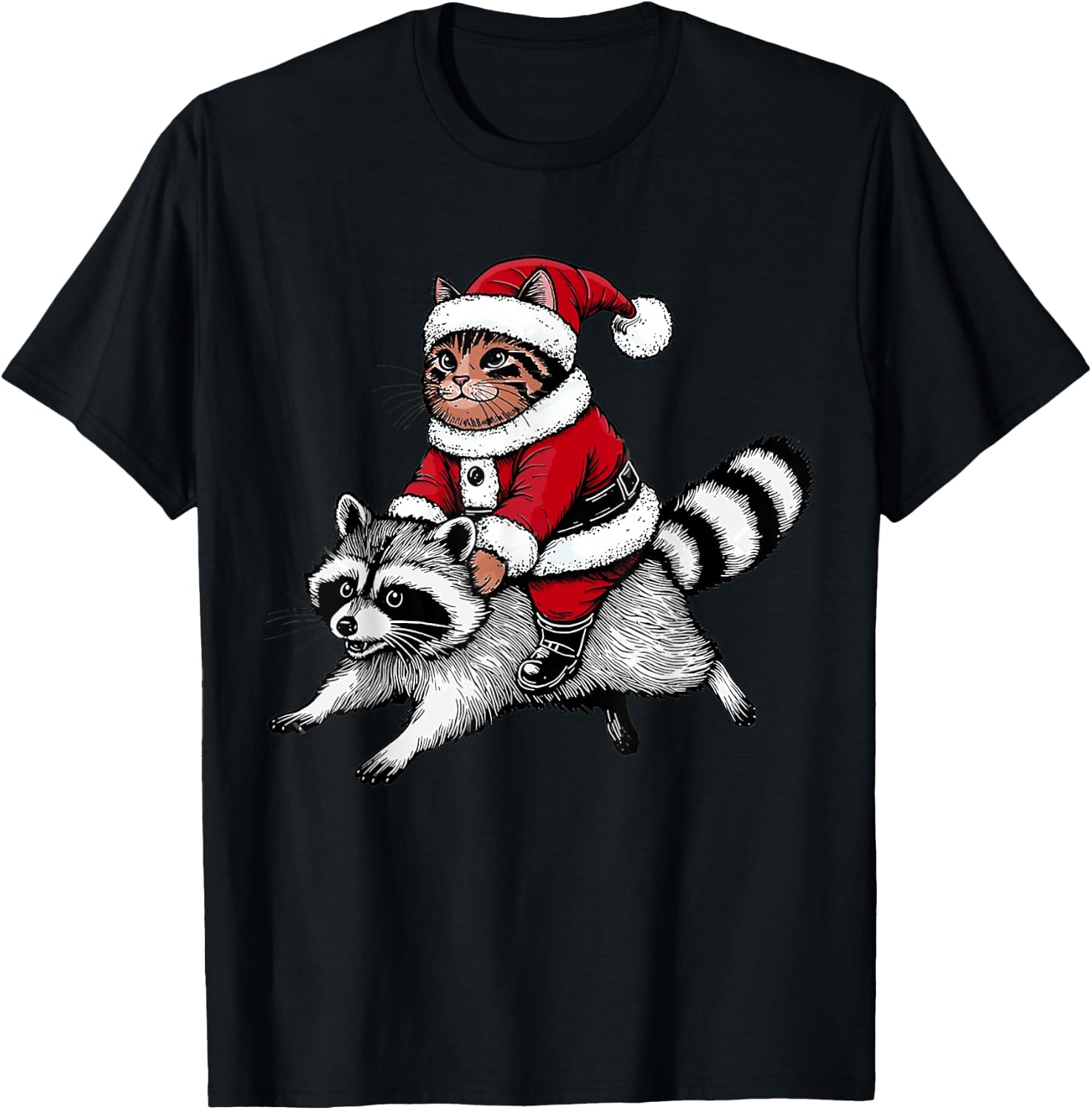 Santa Cat Riding A Raccoon Christmas Men Women Kids T-Shirt - T-Shirt | Black