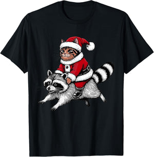 Santa Cat Riding A Raccoon Christmas Men Women Kids T-Shirt - T-Shirt | Black