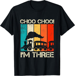 Kids Choo Choo Im Three Locomotive Train Boy 3rd Birthday Trains T-Shirt - T-Shirt | Black