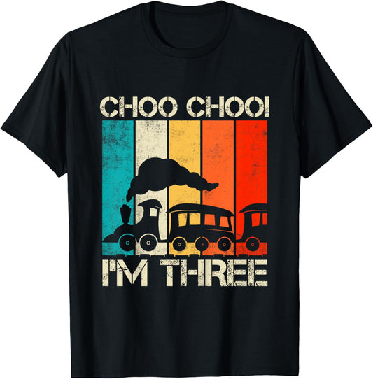 Kids Choo Choo Im Three Locomotive Train Boy 3rd Birthday Trains T-Shirt - T-Shirt | Black