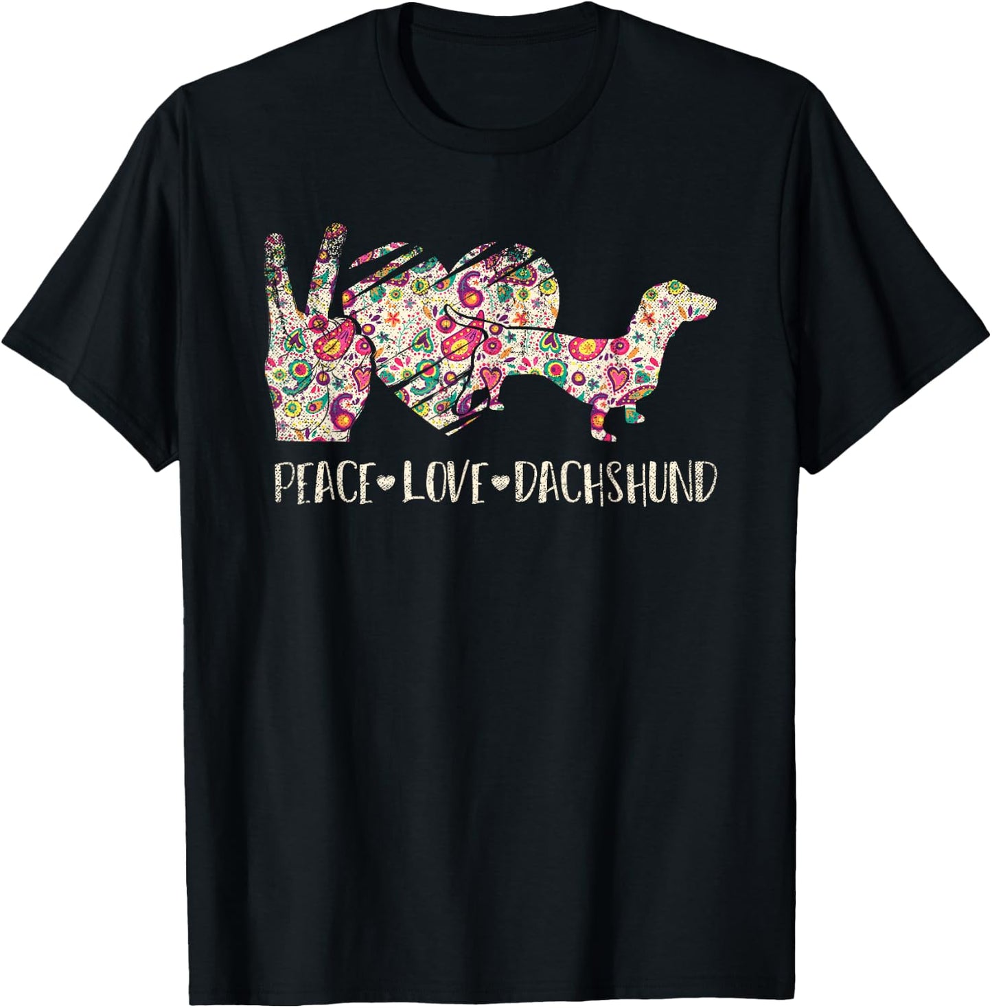 Hippie Dog Lover Gift Wiener Animal Peace Love Dachshund Men Women Kids T-Shirt - T-Shirt | Black
