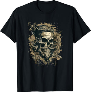 Skull Beard Undercut Pirate Vintage Captain Skeleton Biker T-Shirt - T-Shirt | Black