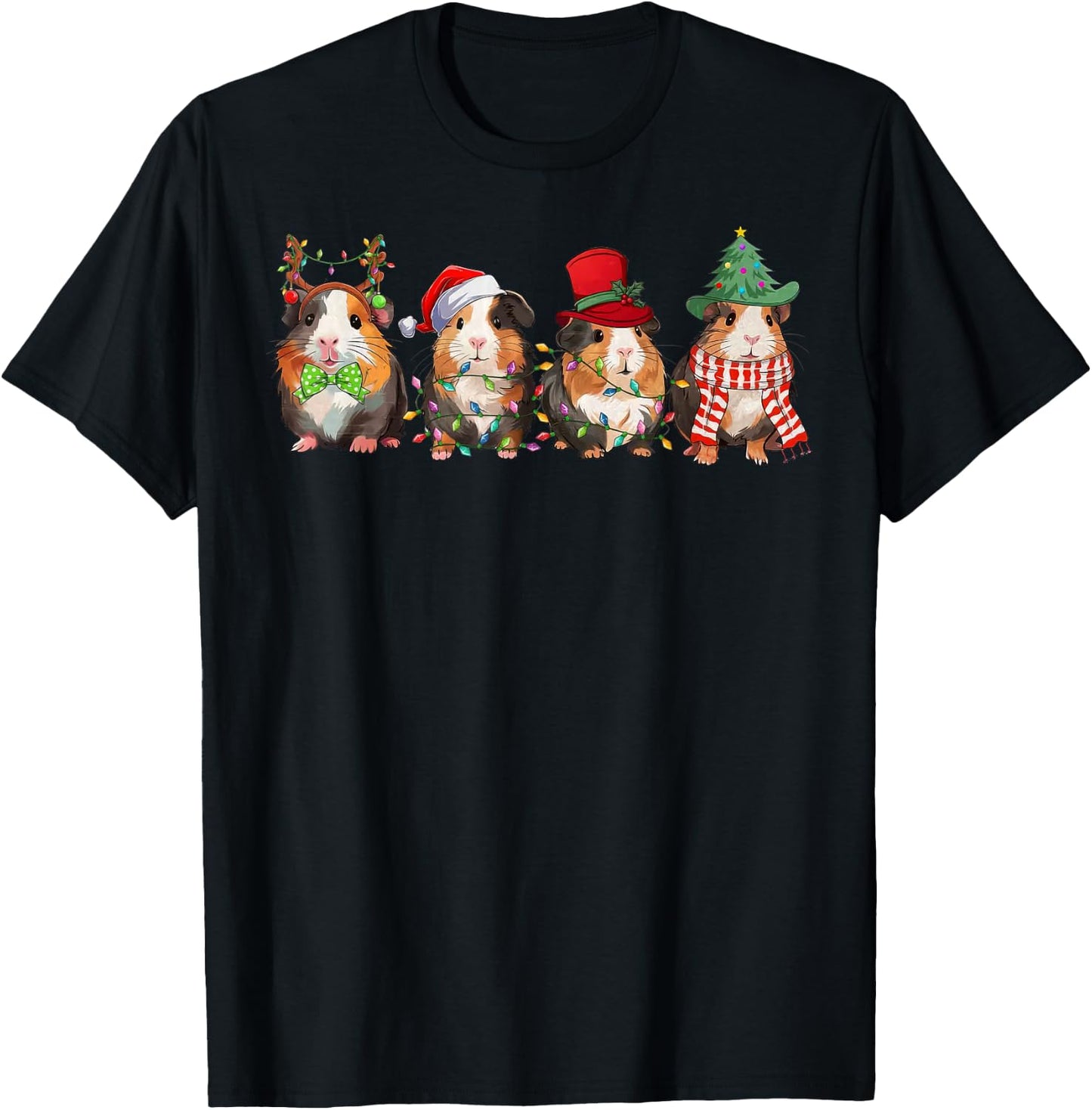 Merry Pigmas Cute Santa Guinea Pig Squad Christmas Lights T-Shirt - T-Shirt | Black