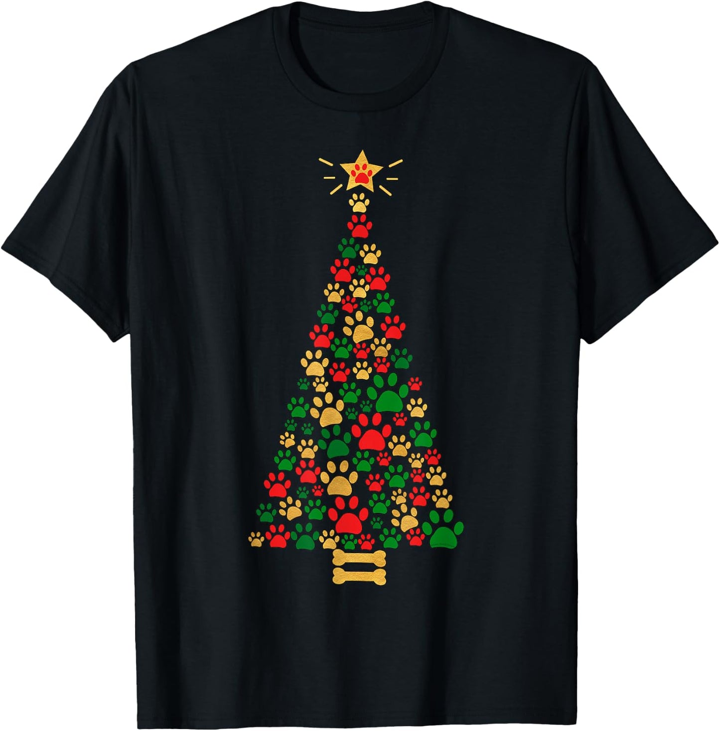 Dog Lovers Cute and Funny Dog Paws Prints Tree Christmas T-Shirt - T-Shirt | Black