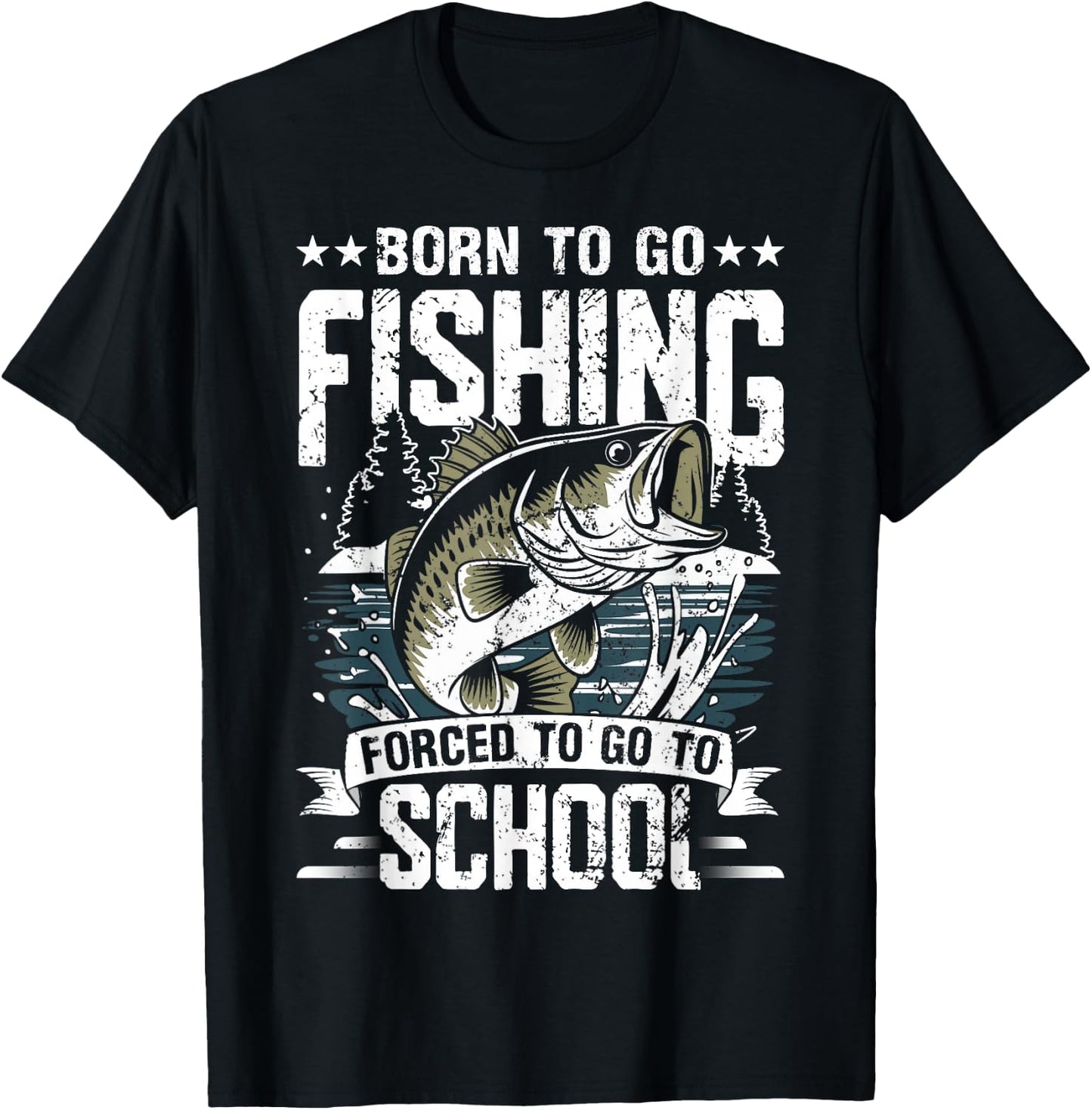 Teen Boys Fishing Shirt Forced to Go to School Bass Fish T-Shirt - T-Shirt | Black