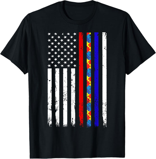 Thin Red Blue Line Police Firefighter Autism Awareness Gifts T-Shirt - T-Shirt | Black