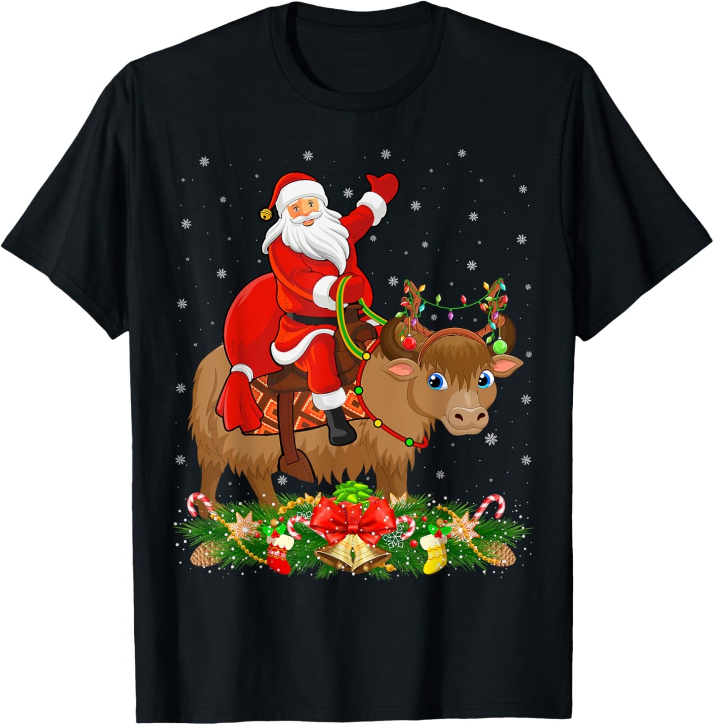 Xmas Decor Lights Funny Santa Riding Yak Christmas T-Shirt - T-Shirt | Black