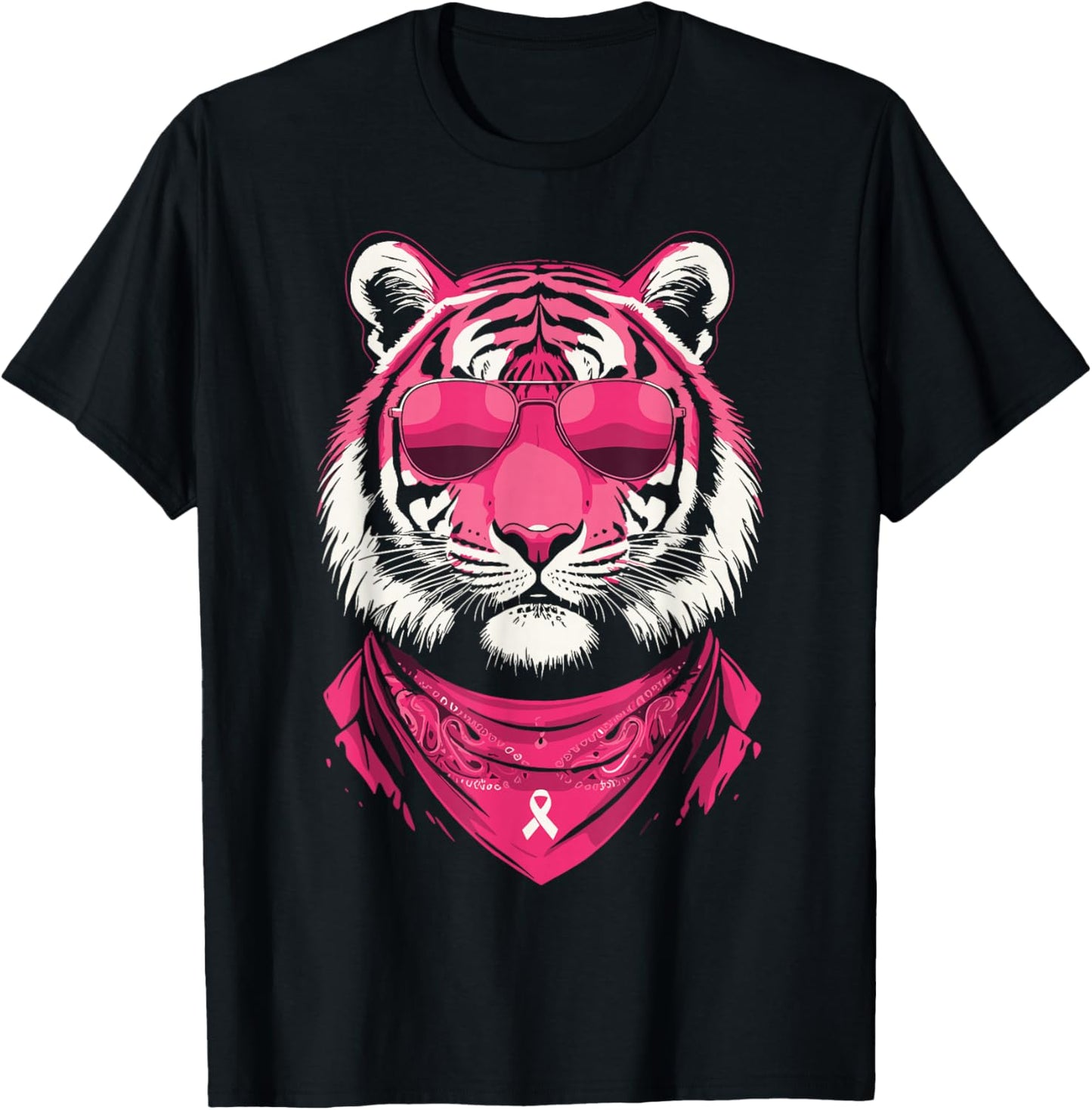 Pink Tiger with Sunglasses Bandana Breast Cancer Awareness T-Shirt - T-Shirt | Black