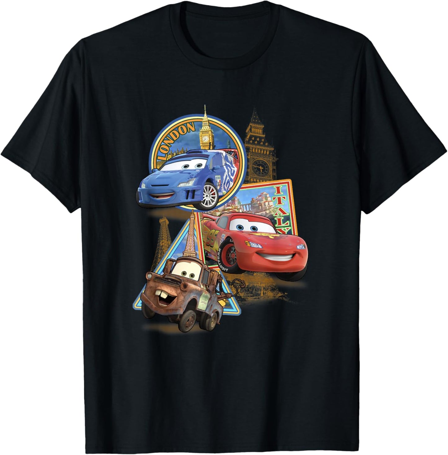 Disney Pixar Cars 2 London Italy Paris World Tour Postcards T-Shirt - T-Shirt | Black