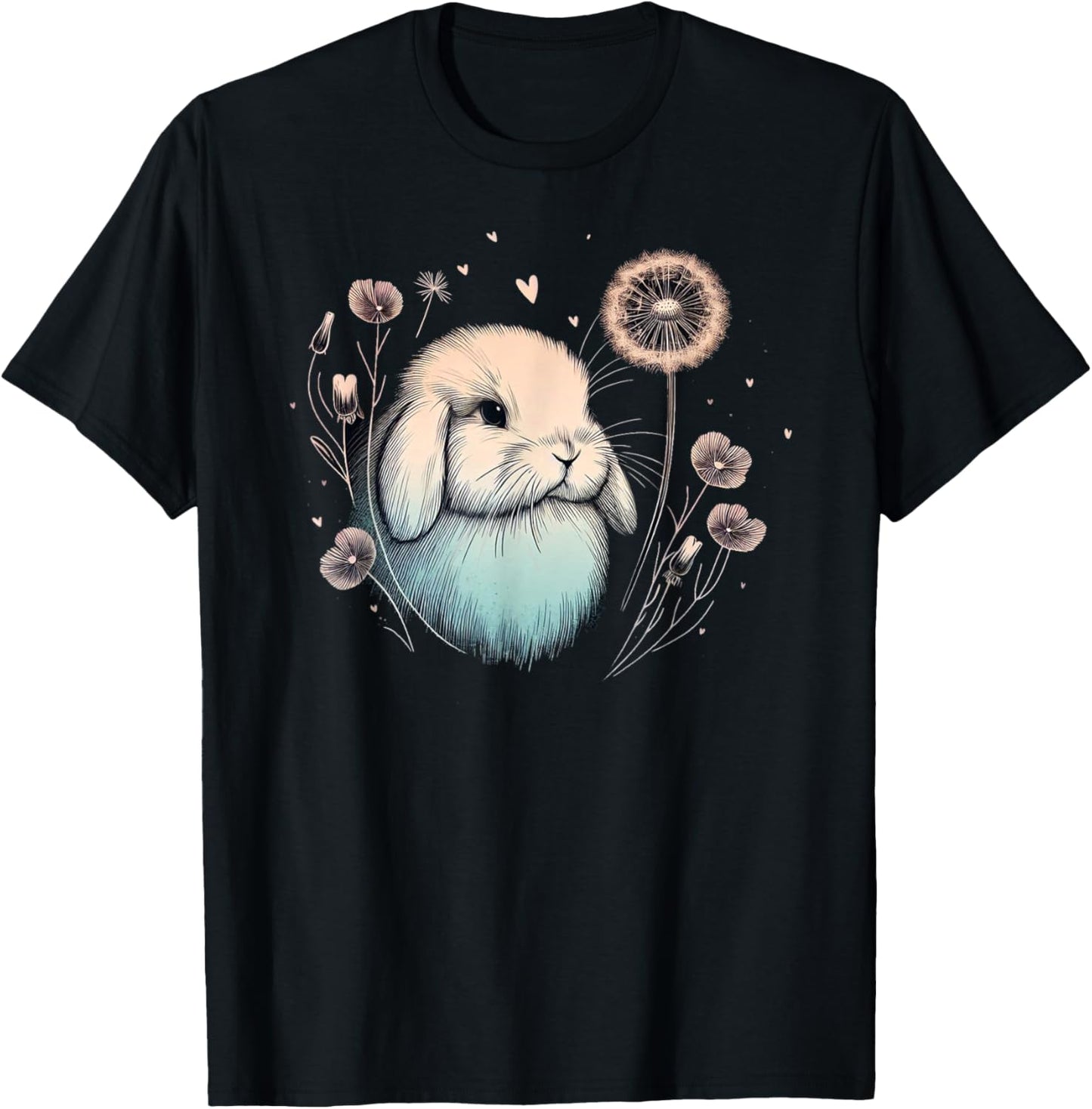 Love Holland Lop Rabbit Dandelion Floral Watercolor Bunny T-Shirt - T-Shirt | Black
