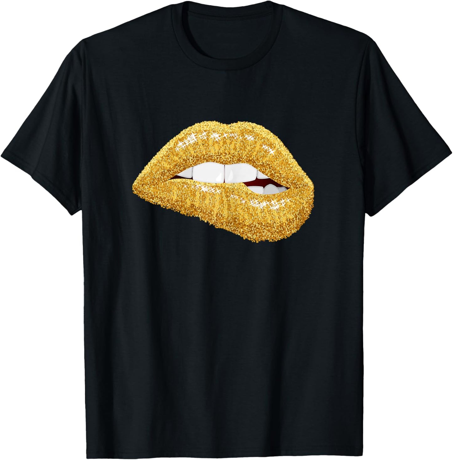 Gold Lips Biting Lipstick Makeup T-Shirt - T-Shirt | Black