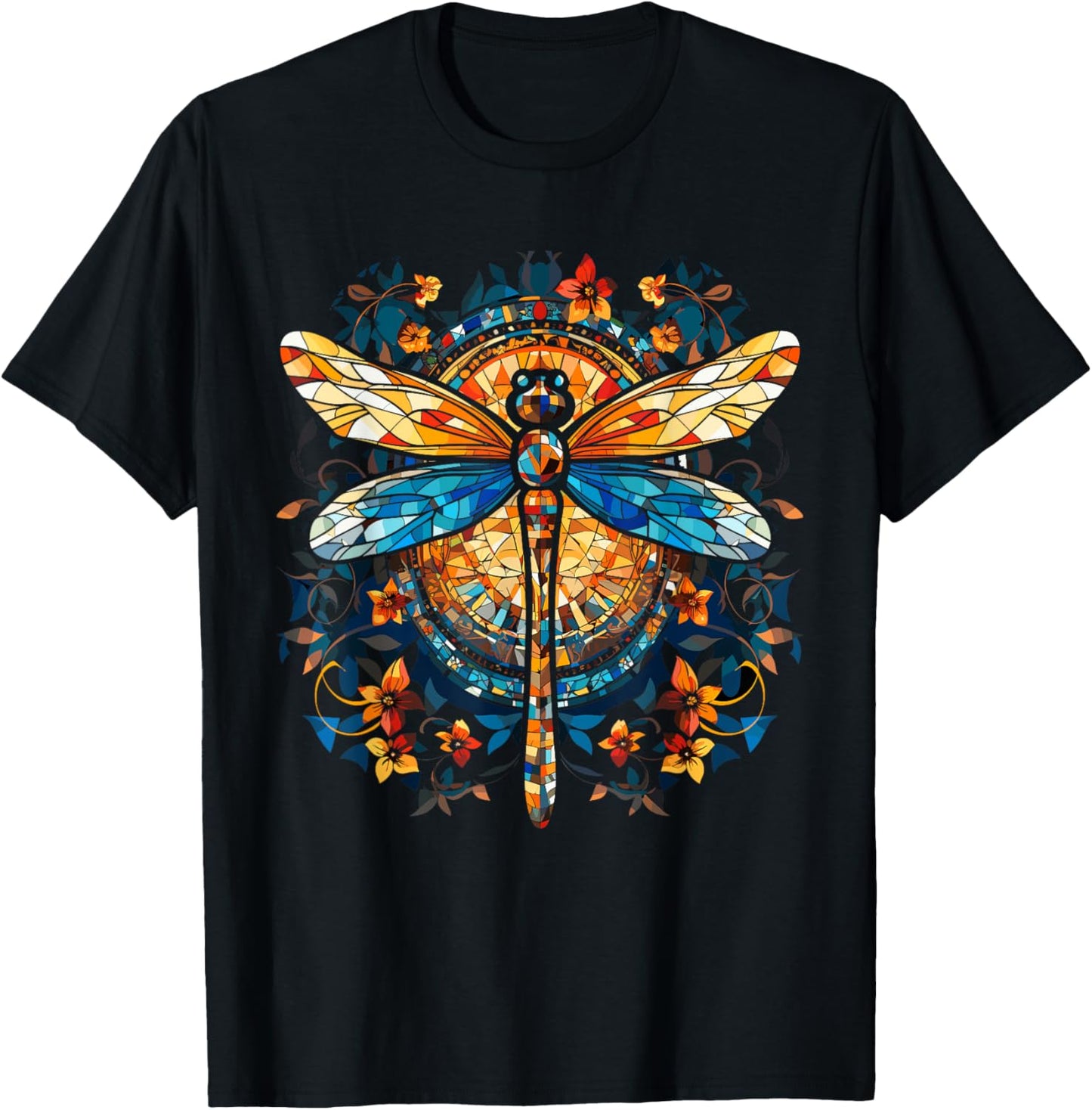 Magical Dragonfly Lover Stained Glass Graphic Design Art T-Shirt - T-Shirt | Black