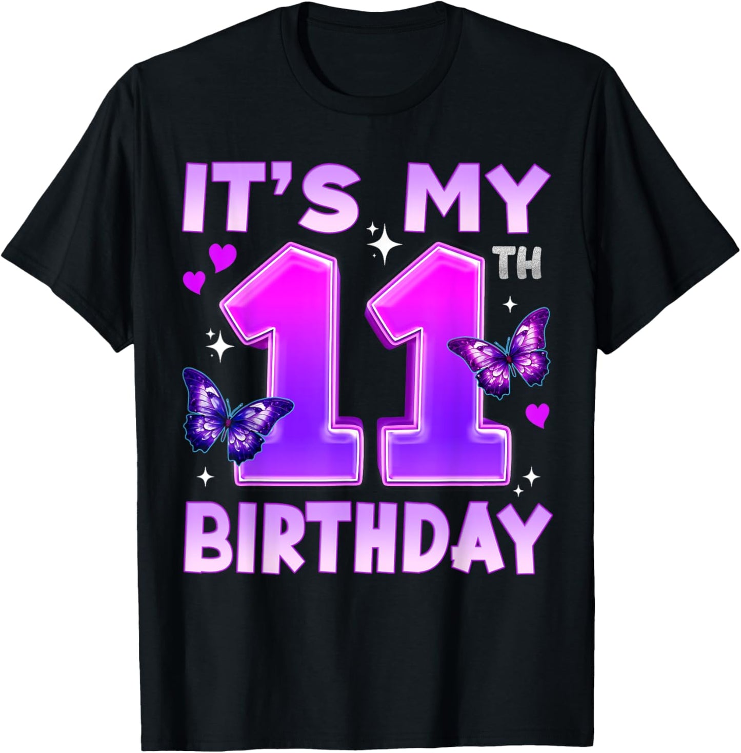 11th Birthday Cute Butterfly Bday 11 Year Old Birthday Girl T-Shirt - T-Shirt | Black