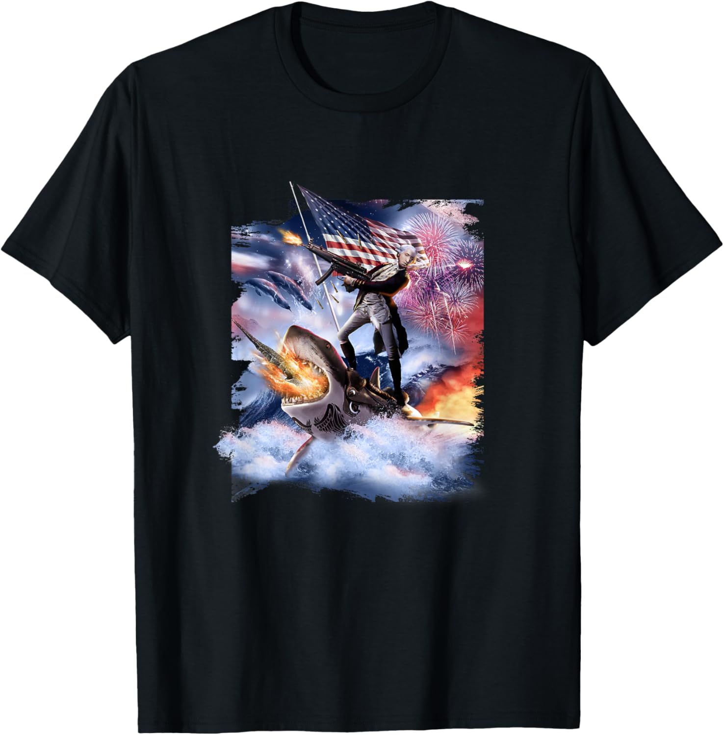 George Washington Riding Shark American Patriotic Funny Men T-Shirt - T-Shirt | Black