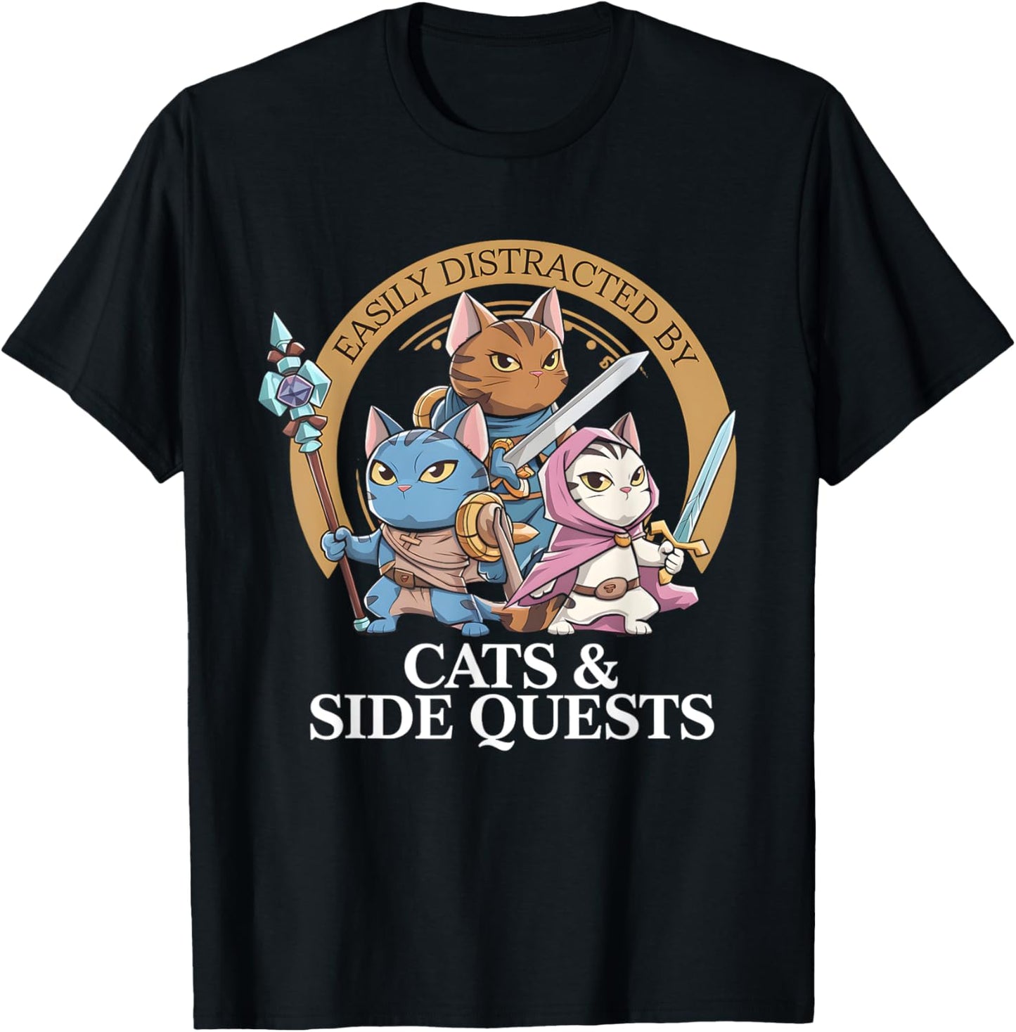 Funny Distracted RPG Gamer Cat Side Quest Moments T-Shirt - T-Shirt | Black