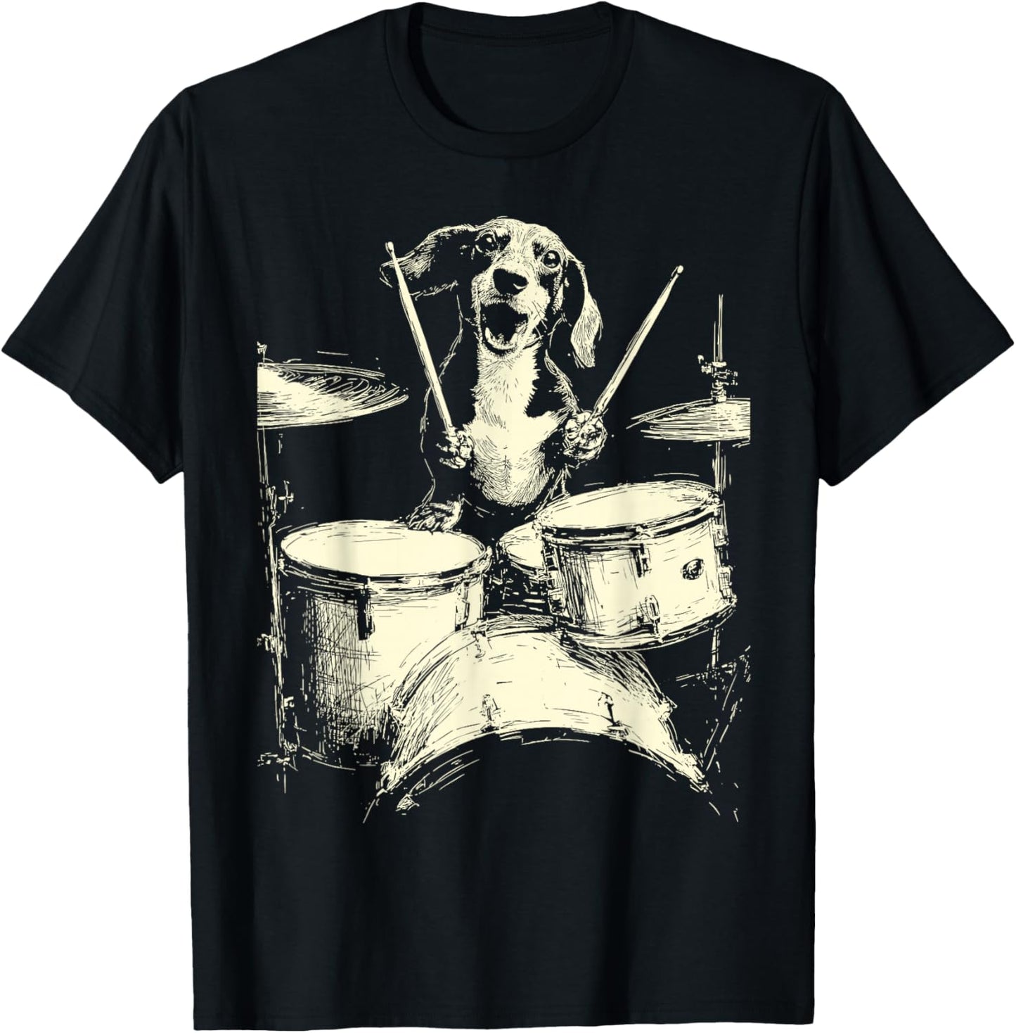 Cute Dachshund Playing Drums Funny Music Sausage Dog Drummer T-Shirt - T-Shirt | Black
