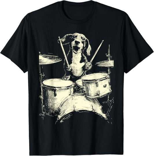 Cute Dachshund Playing Drums Funny Music Sausage Dog Drummer T-Shirt - T-Shirt | Black