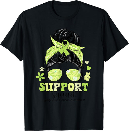 Groovy Support Squad Messy Bun Lymphoma Cancer Awareness T-Shirt - T-Shirt | Black