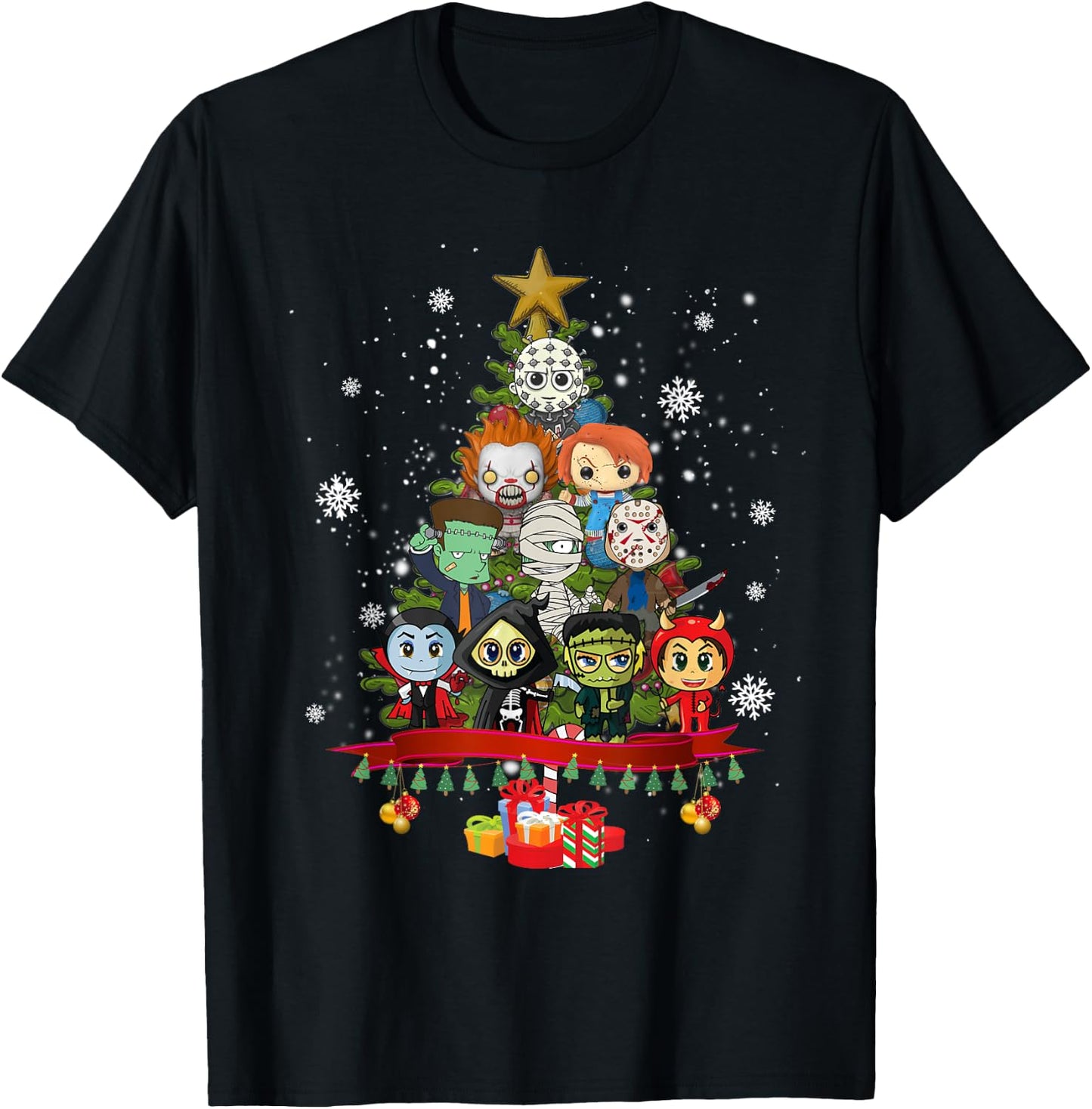 Horror Halloween Christmas Tree Xmas Decor Scary Characters T-Shirt - T-Shirt | Black