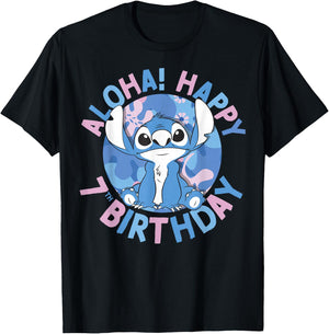 Disney Lilo & Stitch Aloha Happy 7th Birthday T-Shirt - T-Shirt | Black