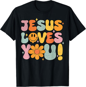 Christian Jesus Loves You Groovy Vintage Religious T-Shirt - T-Shirt | Black