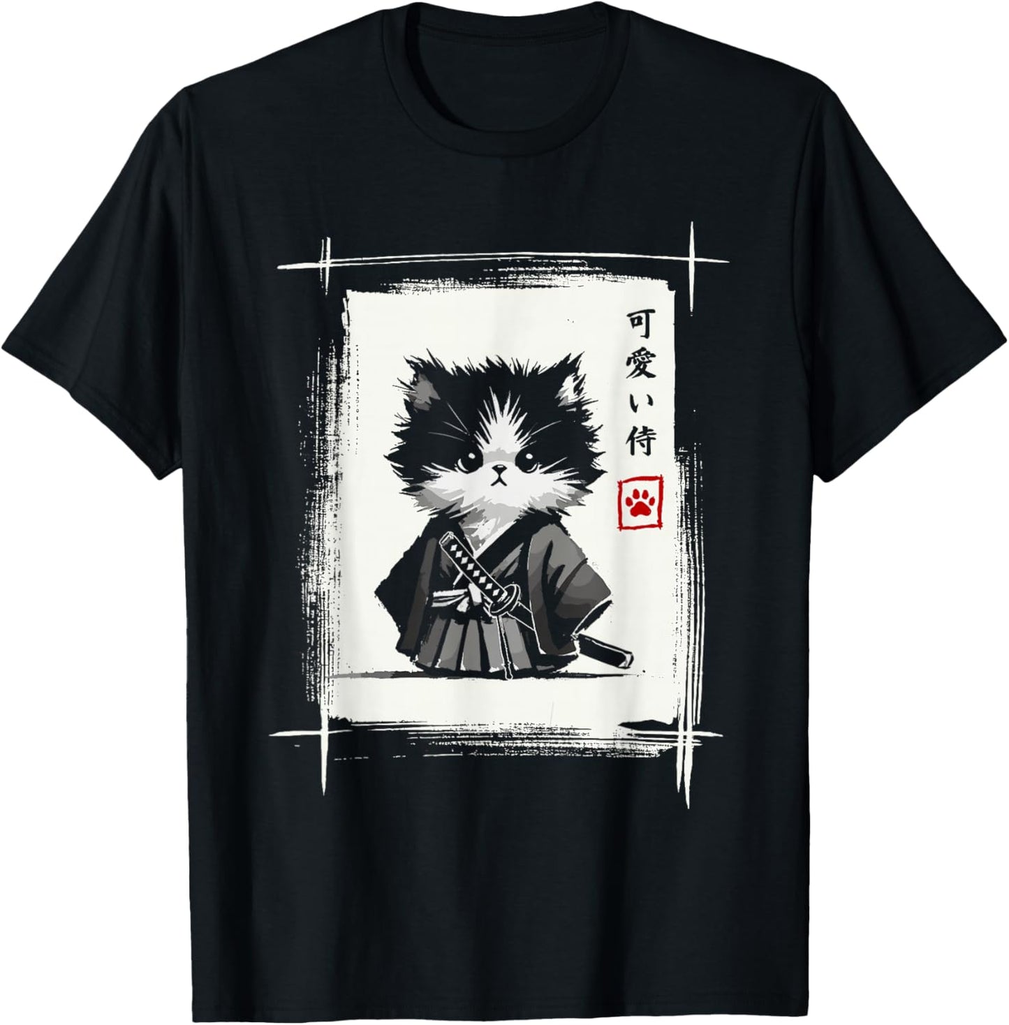 Samurai Katze Japanische Kunst Sumi-e Neuheit Kawaii Lustige Katze T-Shirt - T-Shirt | Black