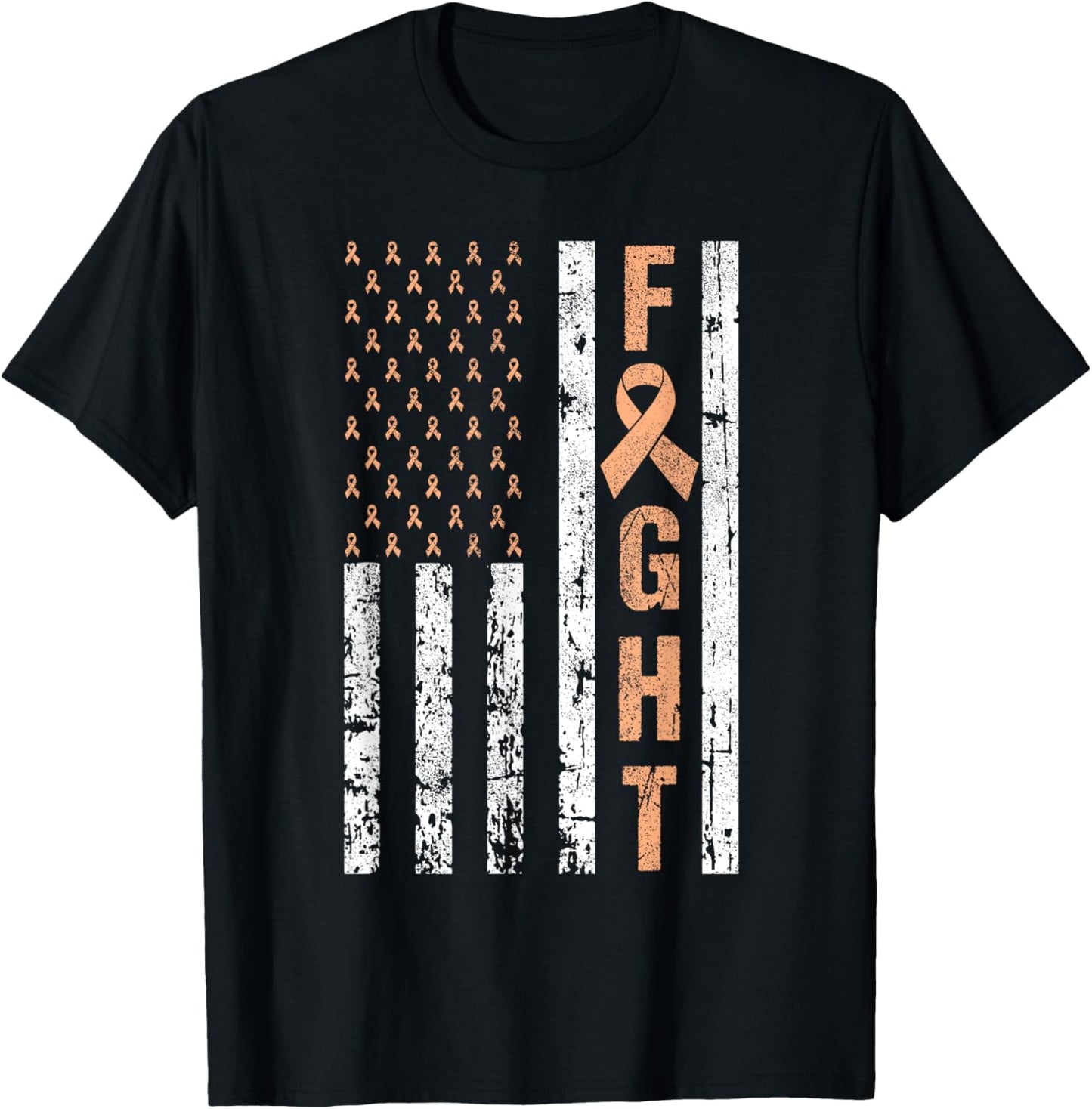 Fight Uterine Cancer Awareness Peach Ribbon American Flag T-Shirt - T-Shirt | Black