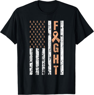 Fight Uterine Cancer Awareness Peach Ribbon American Flag T-Shirt - T-Shirt | Black