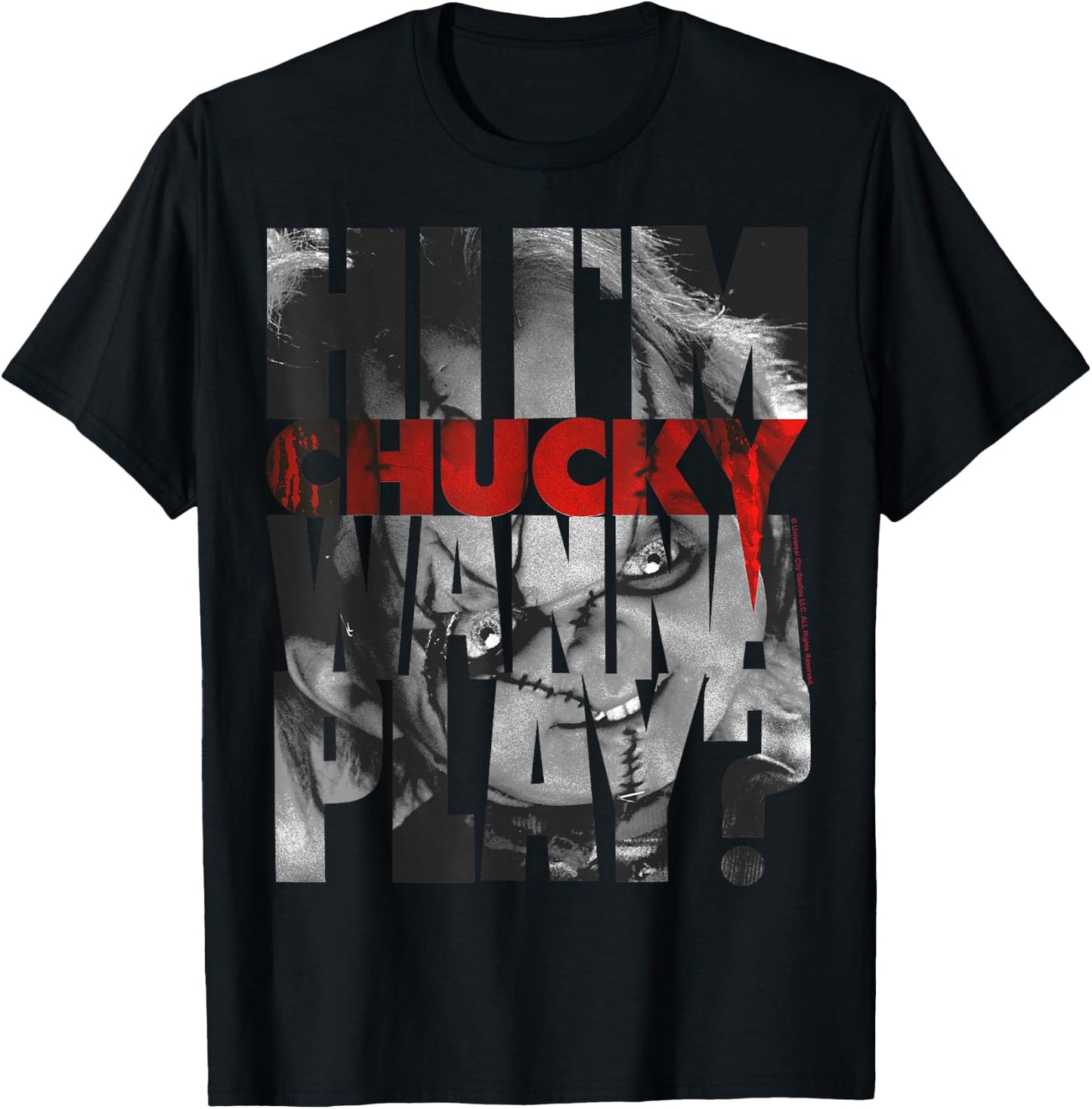Child's Play Hi I'm Chucky Wanna Play Text Fill Small T-Shirt - T-Shirt | Black
