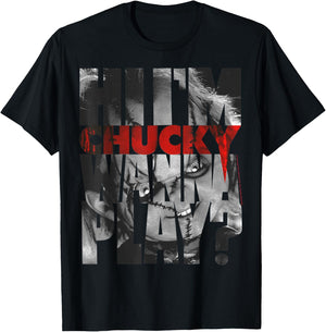 Child's Play Hi I'm Chucky Wanna Play Text Fill Small T-Shirt - T-Shirt | Black