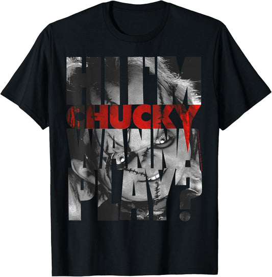 Child's Play Hi I'm Chucky Wanna Play Text Fill Small T-Shirt - T-Shirt | Black