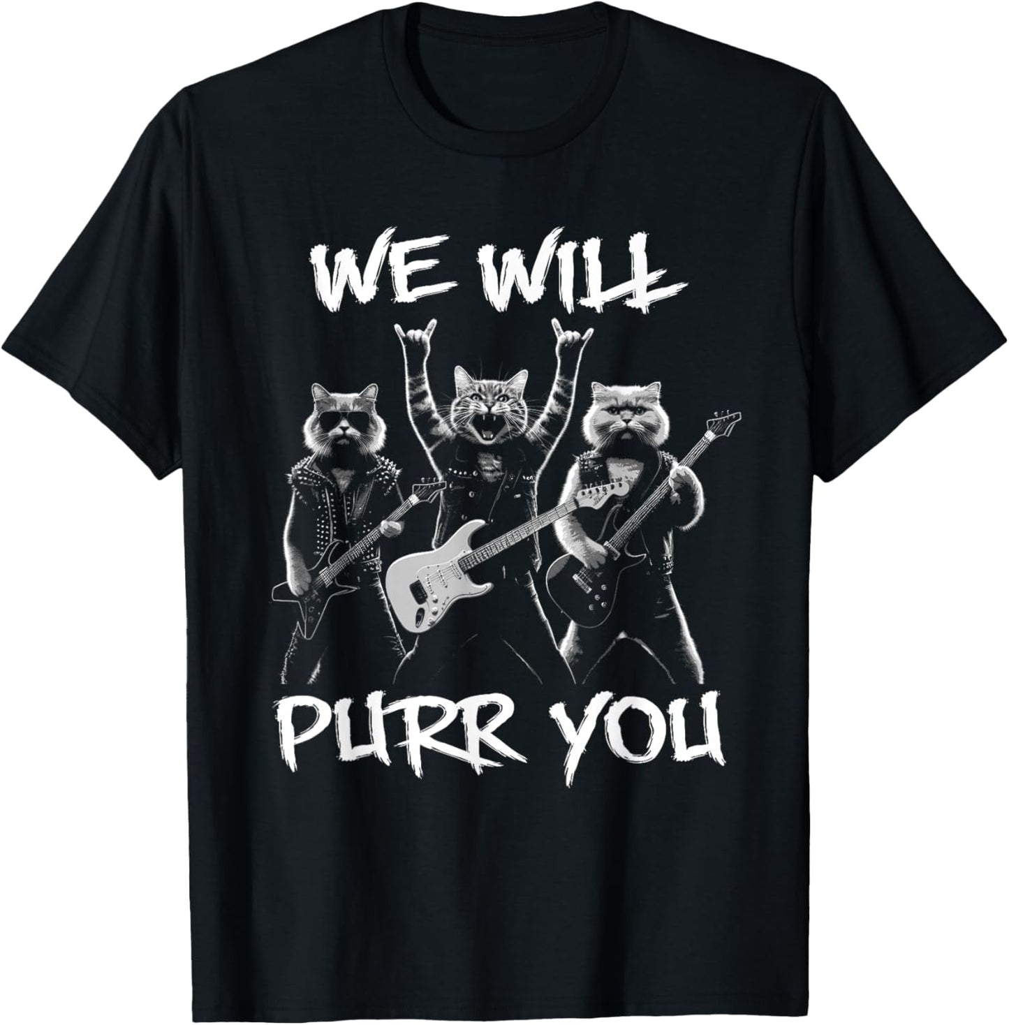 Cat Rock Band with Electric Guitars Funny Vintage T-Shirt - T-Shirt | Black