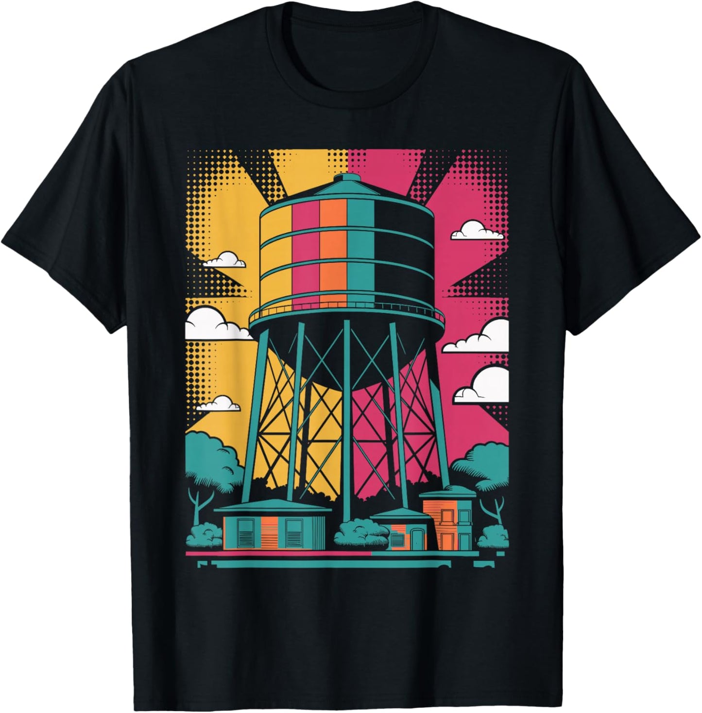 Pop Art Water Tower Urban Landscape Design T-Shirt - T-Shirt | Black