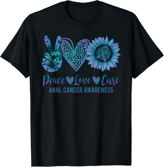 Peace Love Cure Sunflower Anal Cancer Awareness Day Warrior T-Shirt - T-Shirt | Black